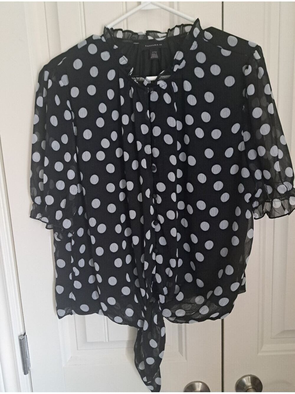 TAMARA H Black WHITE Polka Dot short sleeve blouse lightweight ruffle resort XL
